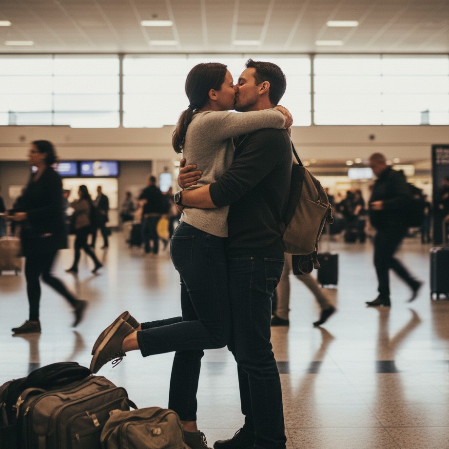 Frame de história de beijo de reencontro no aeroporto por IA