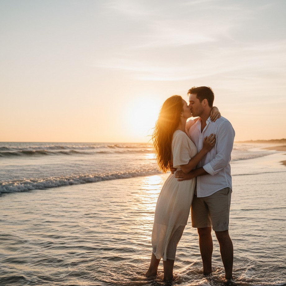 Foto de beijo na praia durante a hora dourada gerada por IA