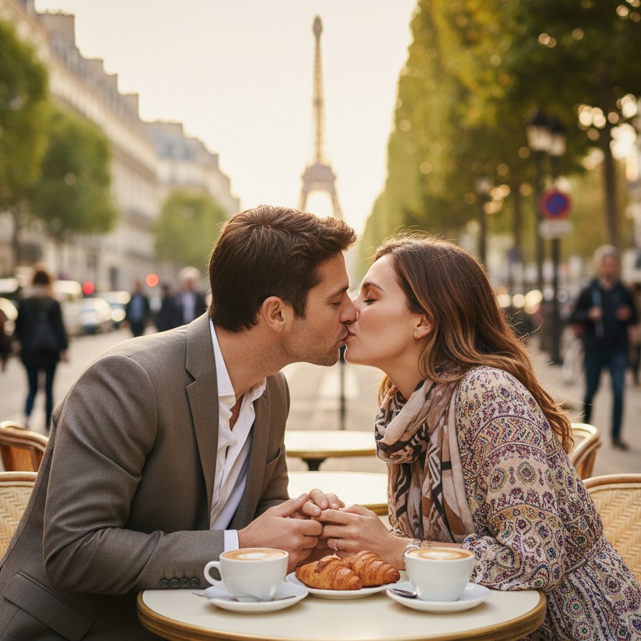 Exemplo de beijo em café de Paris por IA
