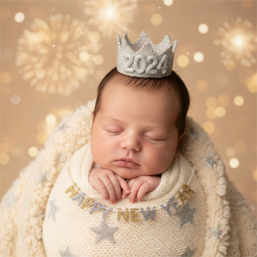 Fotos de Ano Novo do bebê em casa: do recém-nascido à fase sentadinha, sem estúdio.