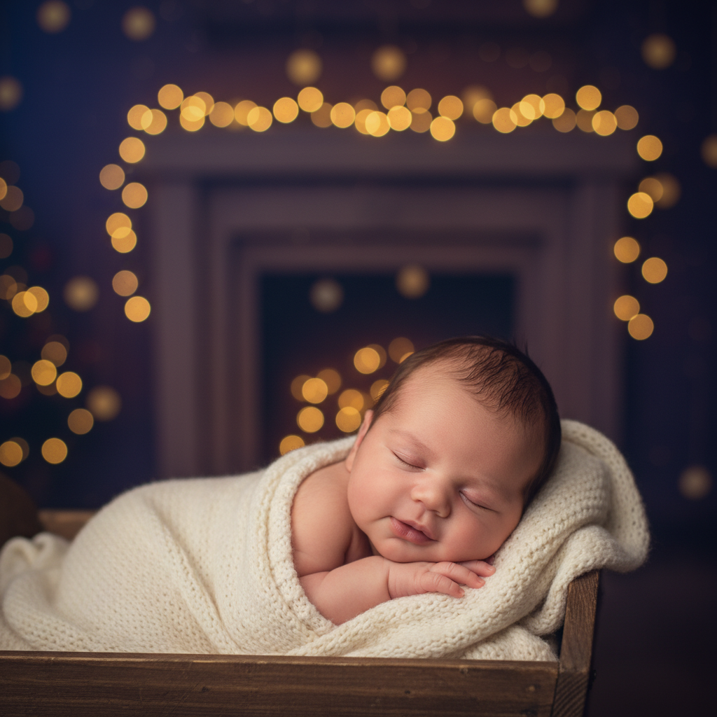 Um retrato de bebê sonhador com suaves luzes bokeh da meia-noite.