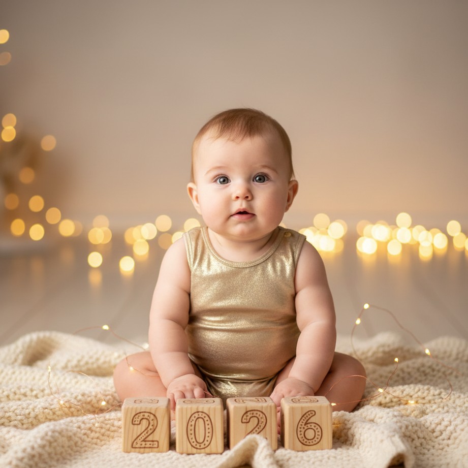 Um retrato de marco aconchegante do bebe com blocos de madeira fofos e luzes festivas.