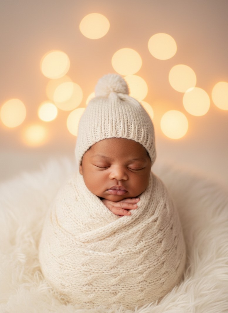 Um retrato de recem-nascido caloroso e aconchegante com um gorro tricotado fofo e luzes festivas.
