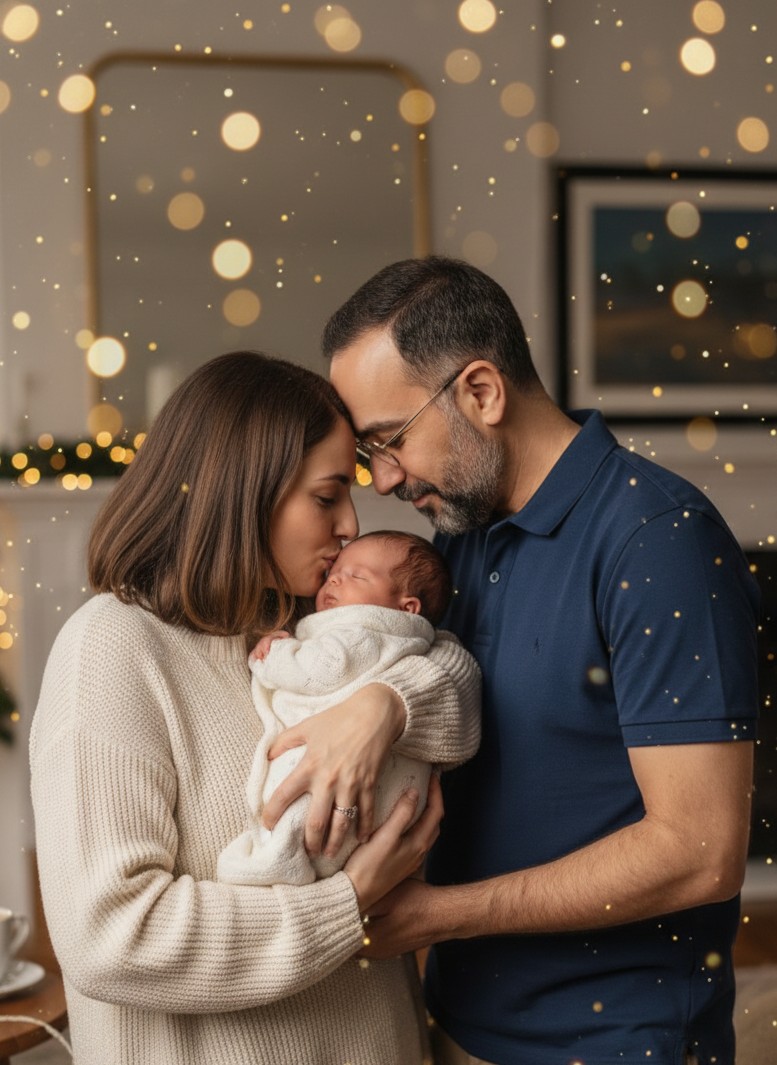 Um doce momento familiar de Ano Novo: pais beijando a testa do bebe com luzes quentes e brilhos.