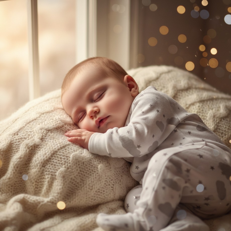 Um retrato aconchegante de bebe em pijama com brilho de luar e bokeh cintilante festivo.