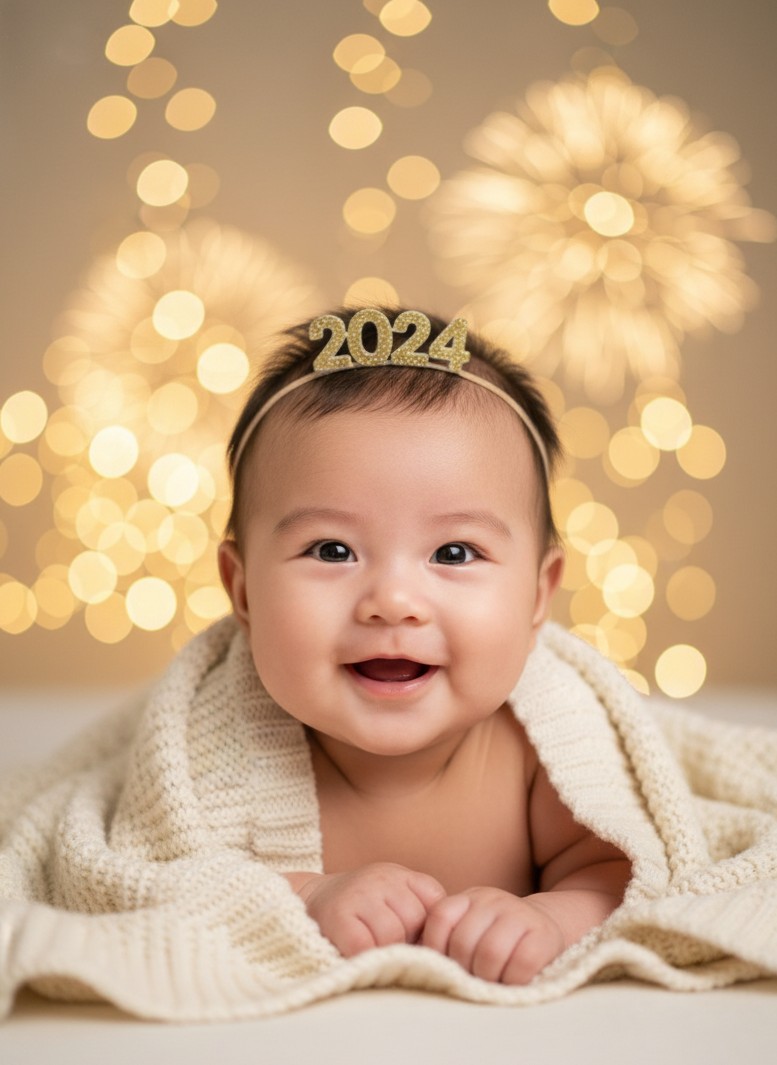 Um retrato de bebe suave com bokeh cintilante suave e brilho quente de Ano Novo.