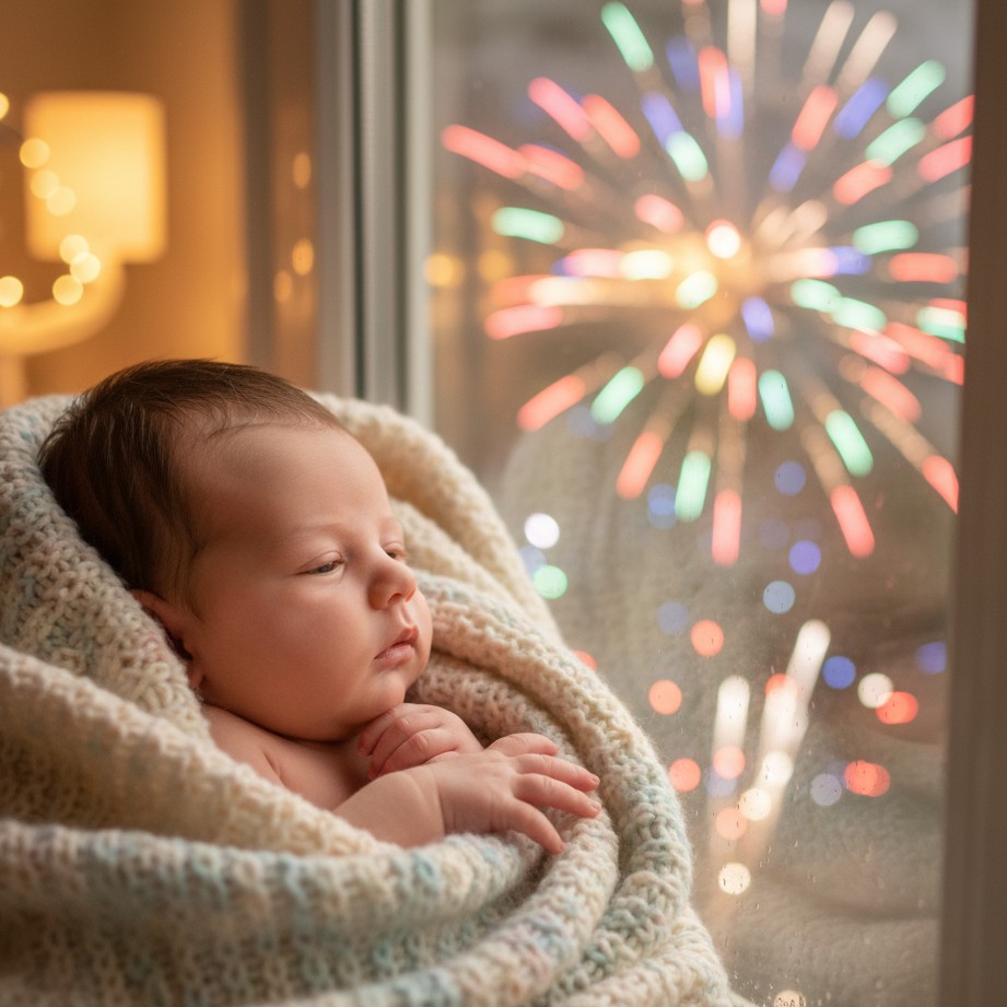 Um retrato de bebe aconchegante com brilho suave de fogos de artificio atraves da janela (seguro, sem fascas).
