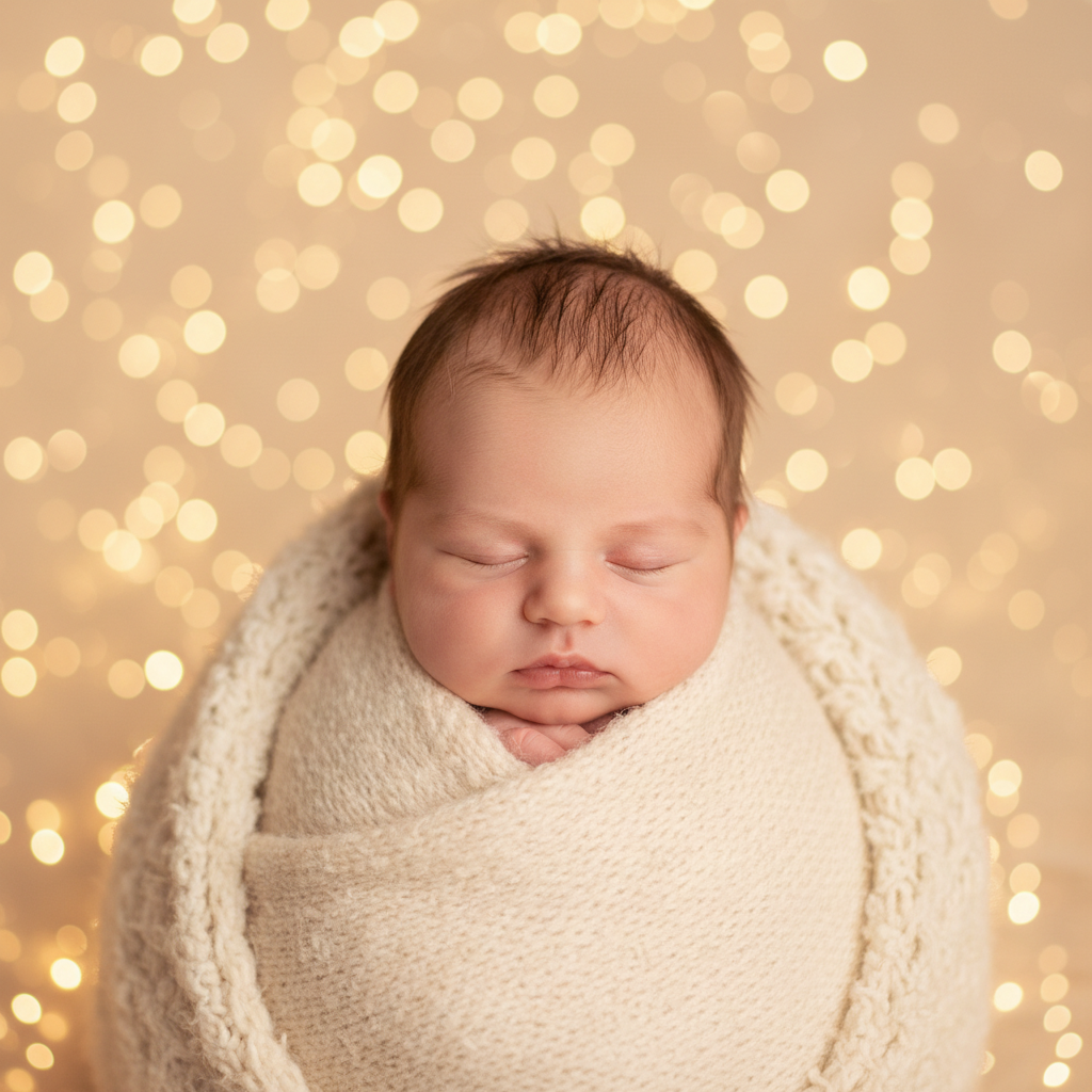 Um retrato de bebê sonhador envolvido em uma manta aconchegante com suaves brilhos.