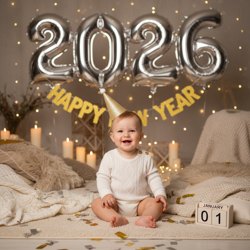 Um doce retrato do bebê segurando um balão 2026 com iluminação festiva aconchegante.