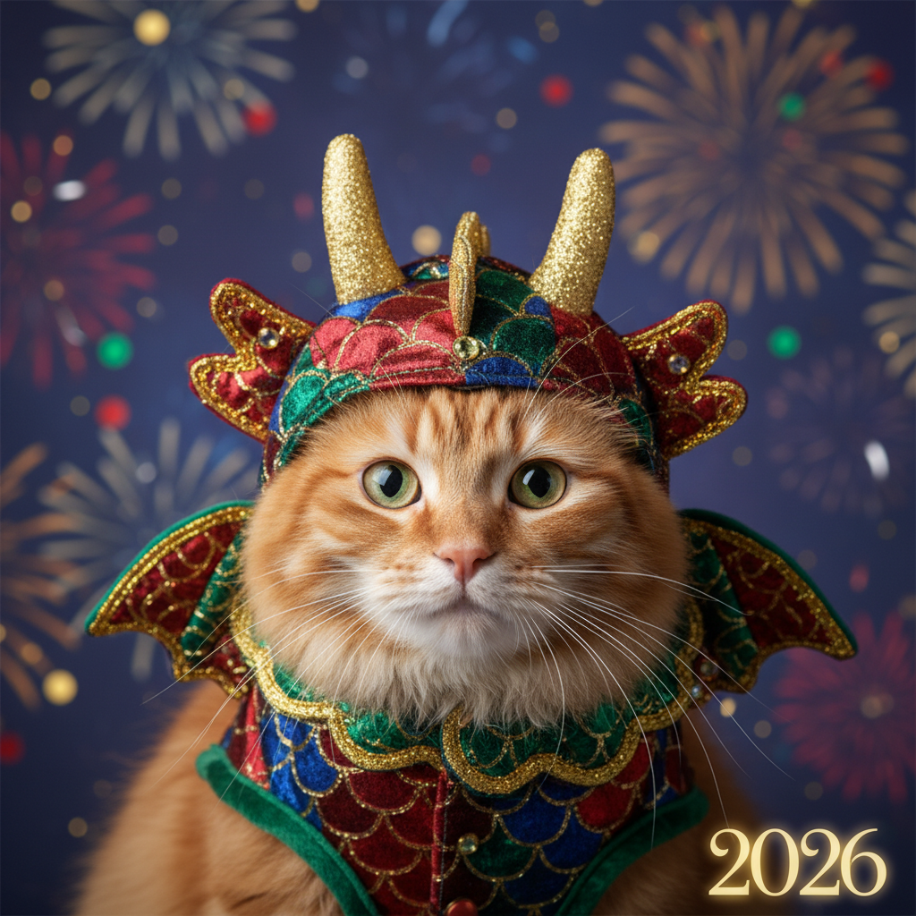 A playful New Year pet portrait—turn your cat into a cute dragon-inspired costume look for 2026.