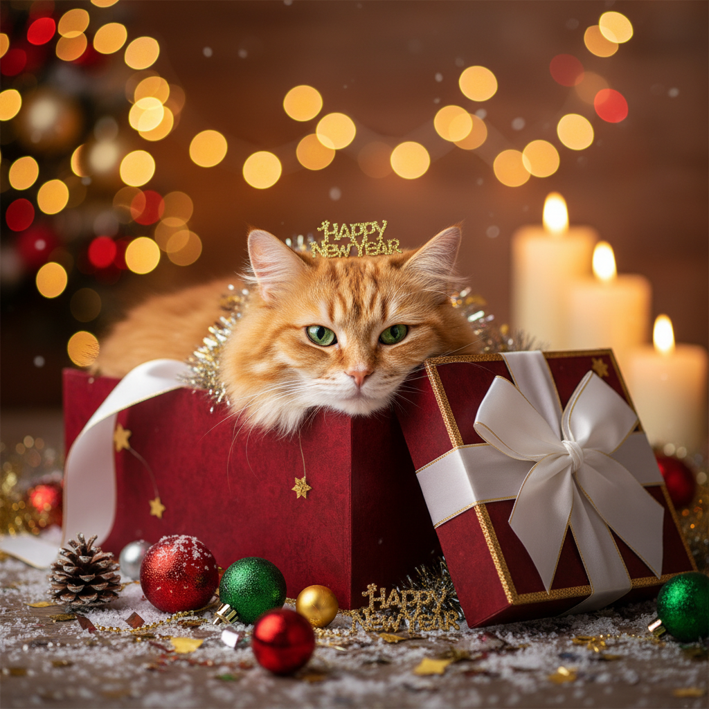 Um retrato fofo de gato em uma caixa de presente com confete e decoração festiva.