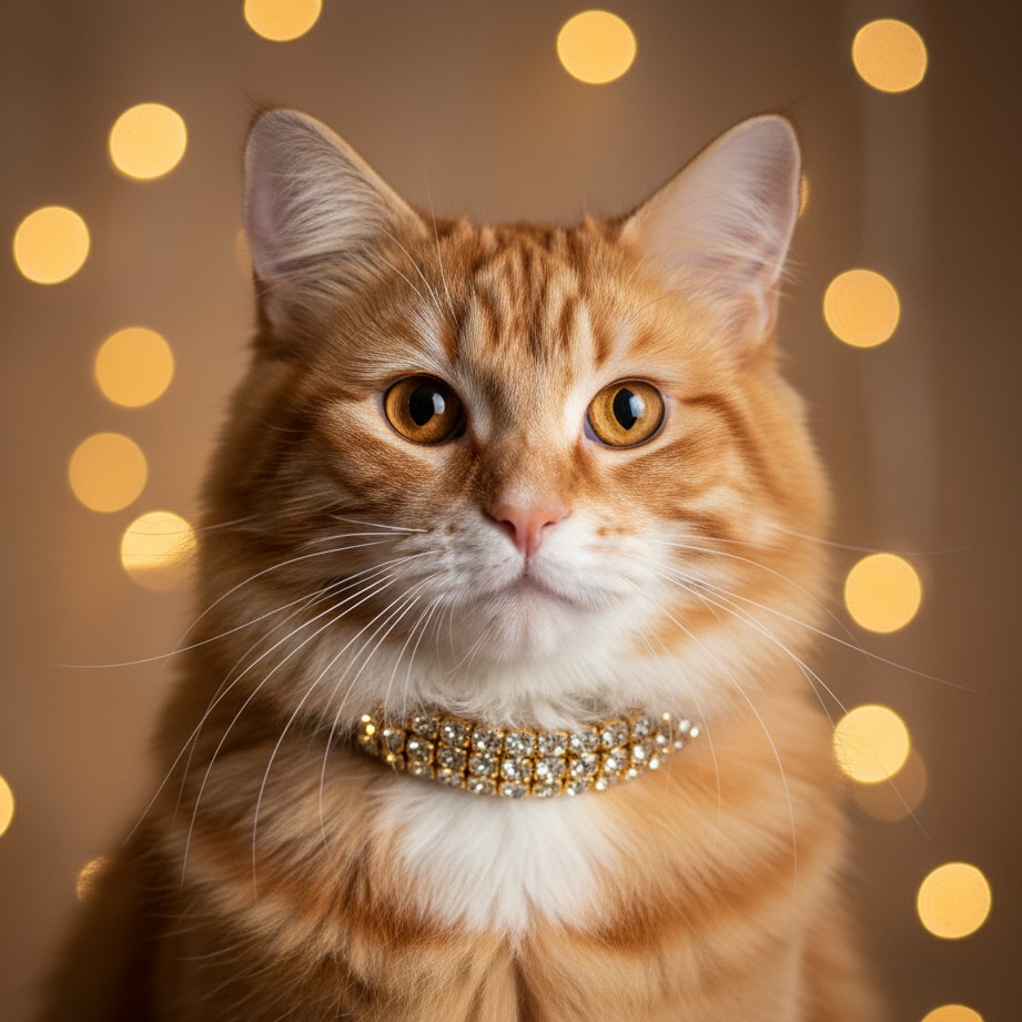 A classy cat portrait with a sparkle collar and warm New Year lights.