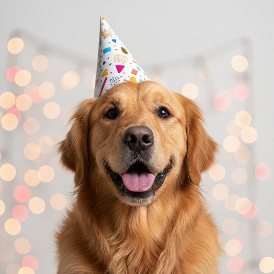 A clean studio pet portrait with a cute party hat and festive bokeh lights.