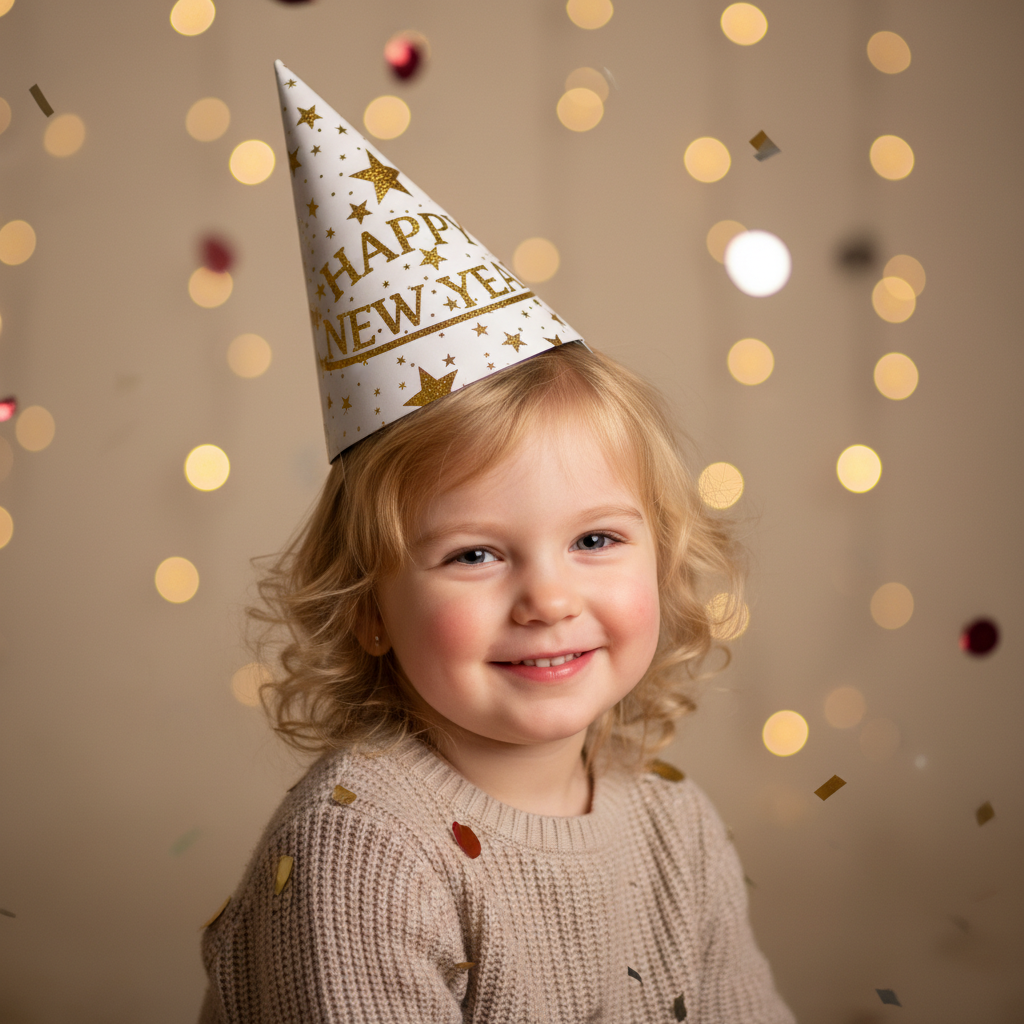 Um retrato fofo de criança usando chapéu de festa com bokeh de confete.