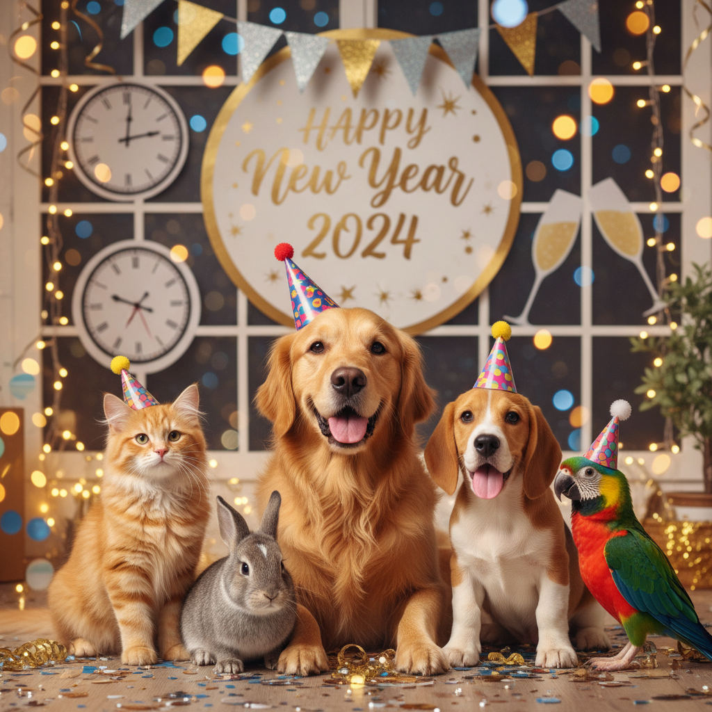 Um retrato multi-pets em um único quadro de Ano Novo com iluminação combinada.