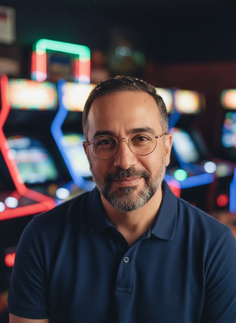 Um retrato retro de arcade com luzes de neon, grao de filme e energia de festa.