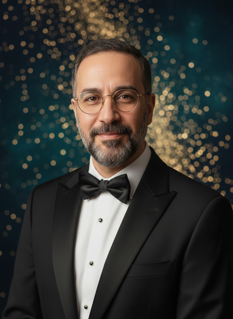 A premium black-tie portrait with subtle New Year glamour and studio lighting.