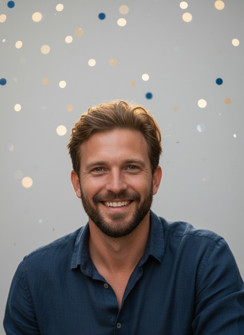 A timeless studio headshot with soft lighting and a subtle New Year glow.