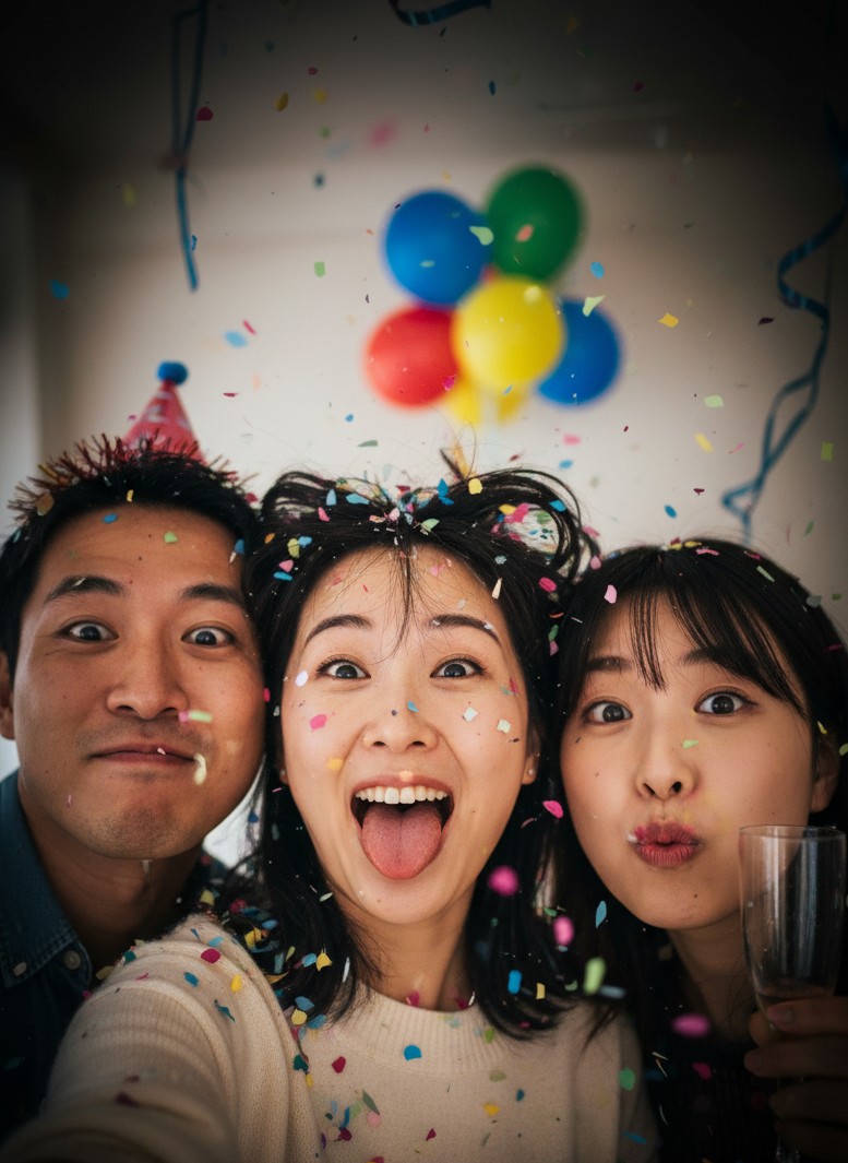 A hilarious chaotic party selfie vibe with confetti and funny expressions (no text).