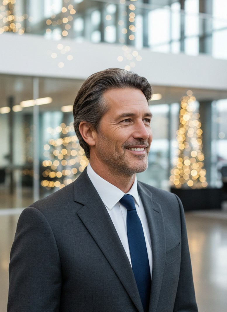 A polished corporate headshot with lobby lights and a subtle festive glow.
