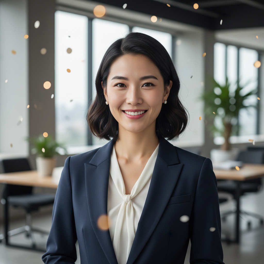A polished headshot in a modern office vibe with subtle festive bokeh—professional but fresh for 2026.