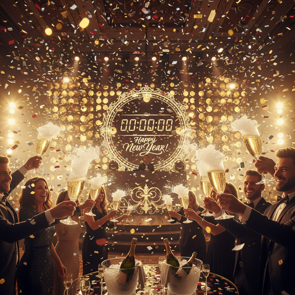 A festive countdown moment with confetti and glowing lights.
