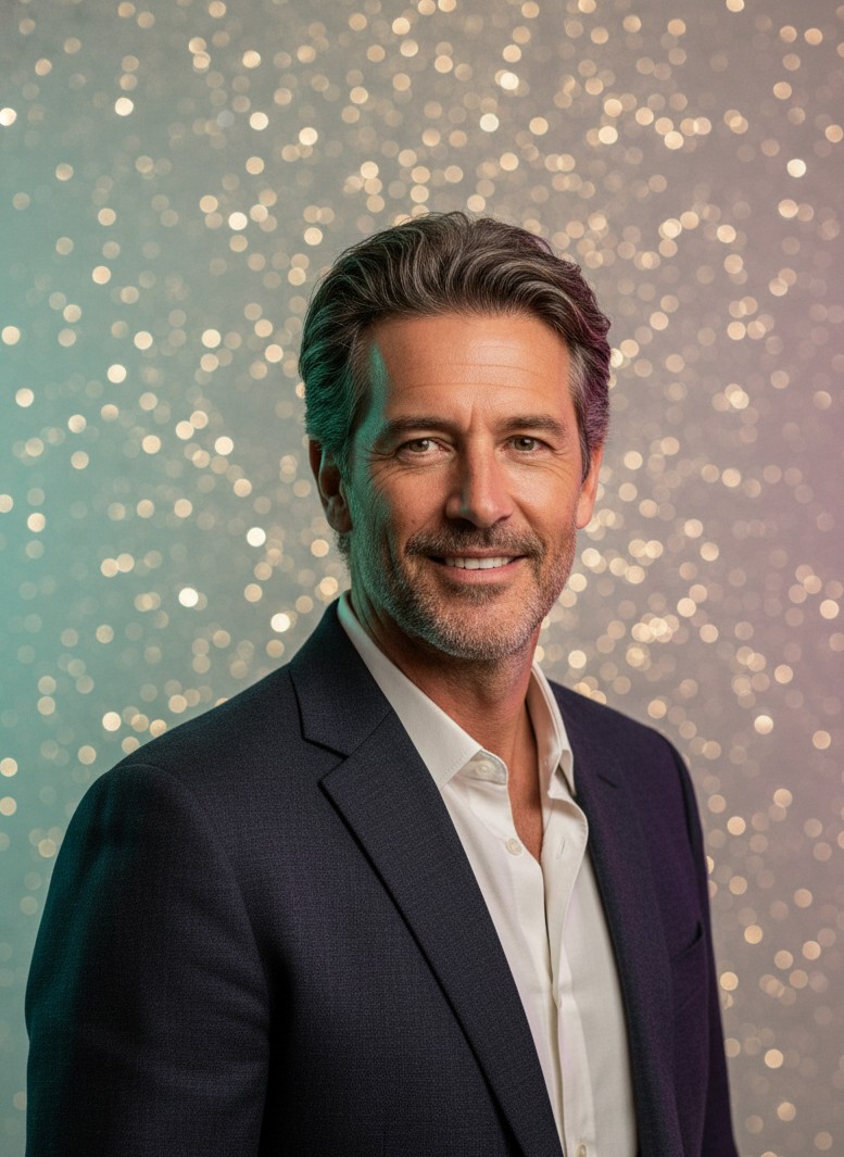 A modern creative headshot with bold lighting and subtle festive sparkle.