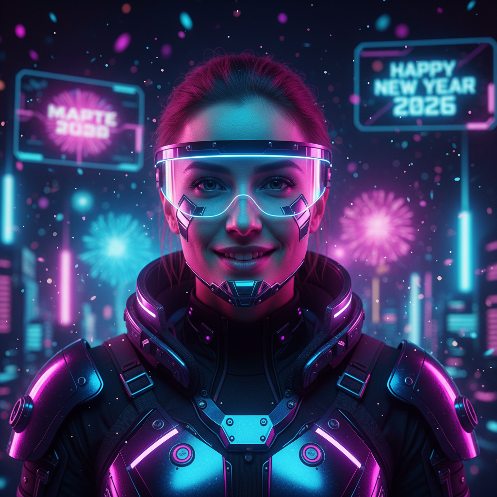 A futuristic cyberpunk profile picture with neon lighting and subtle New Year sparkle bokeh.