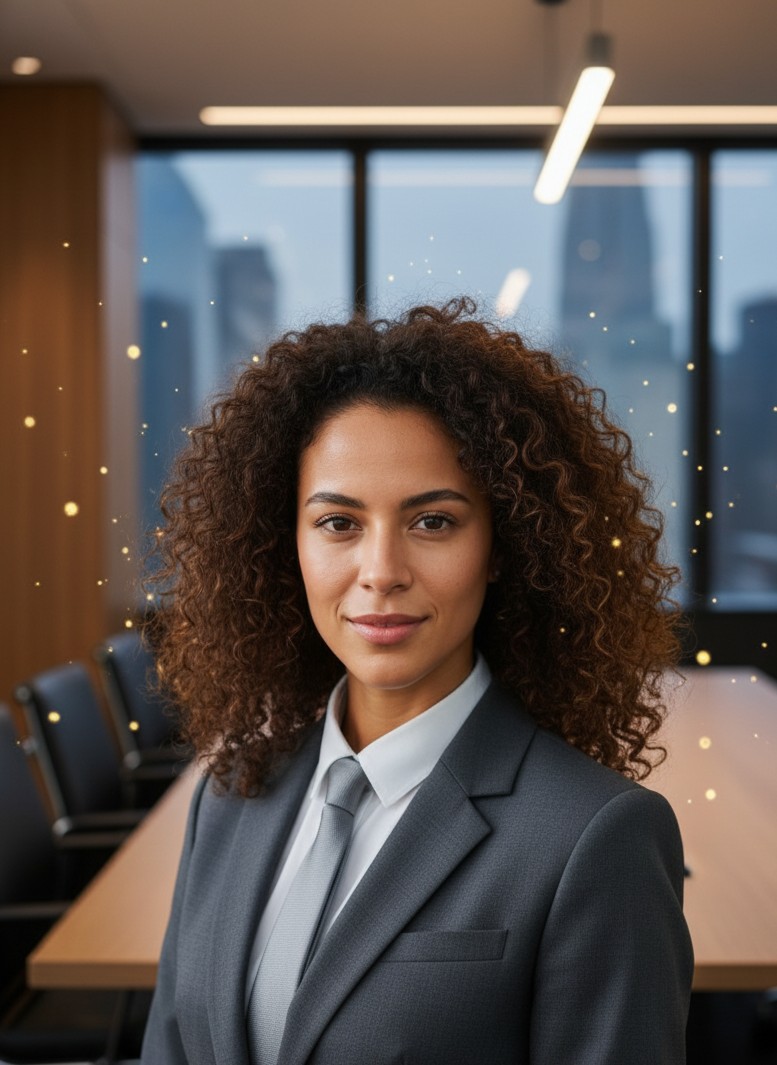 A premium executive headshot with boardroom lighting and subtle New Year sparkle.
