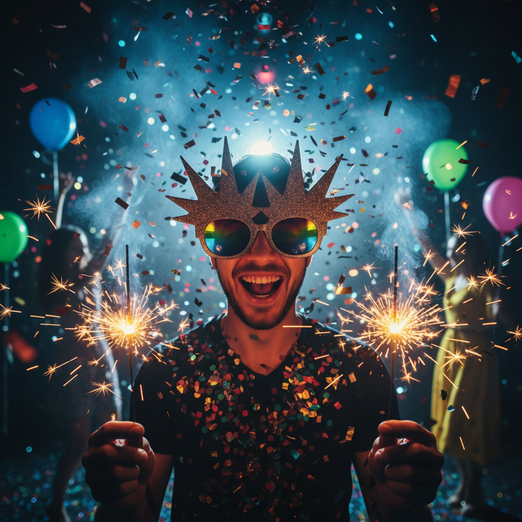 A humorous party meme look (sunglasses, confetti, flash) designed for face-swap style fun (no text).