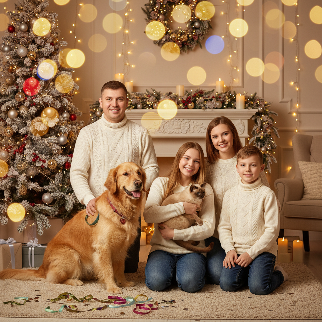 Um retrato familiar aconchegante de Ano Novo com pets incluídos no mesmo quadro.