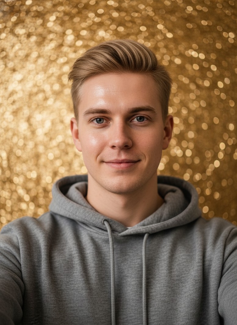 A trendy selfie-style portrait with gold confetti bokeh and a festive glow.