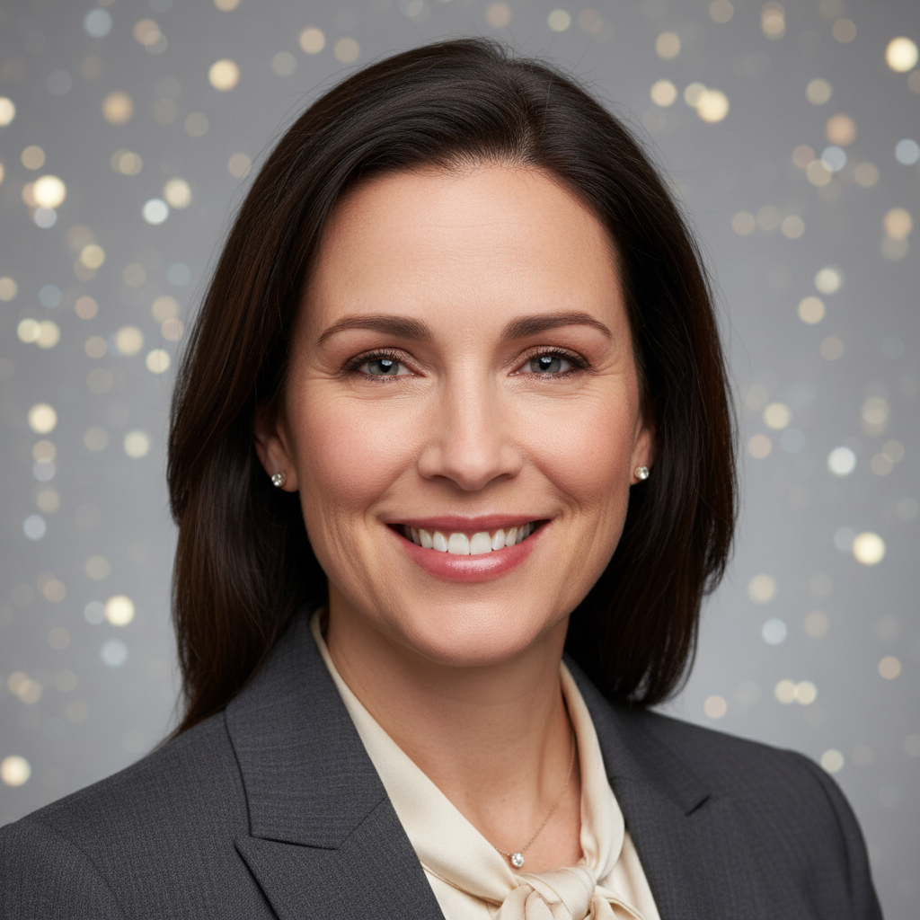A clean, studio-quality professional headshot with subtle New Year sparkle bokeh (no text).