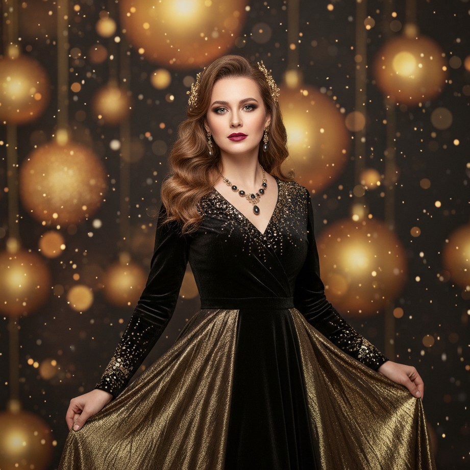 A luxury black-and-gold portrait with elegant bokeh lights for a premium New Year vibe.
