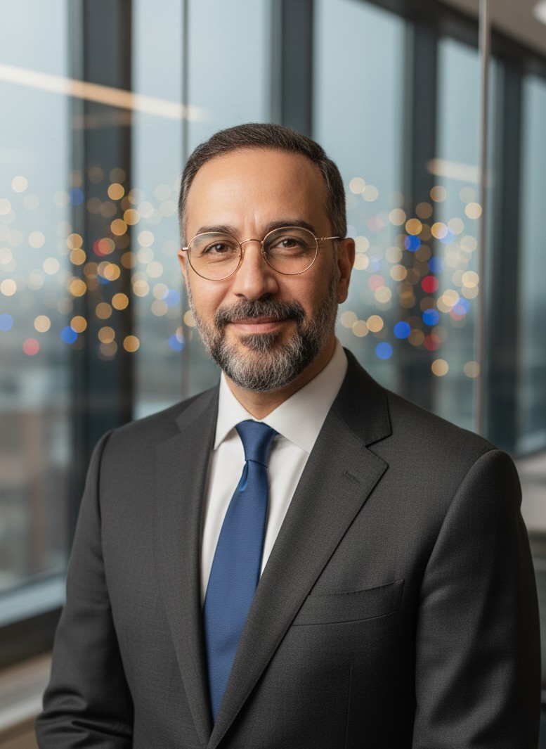 A clean modern office headshot with window light and a subtle festive glow.