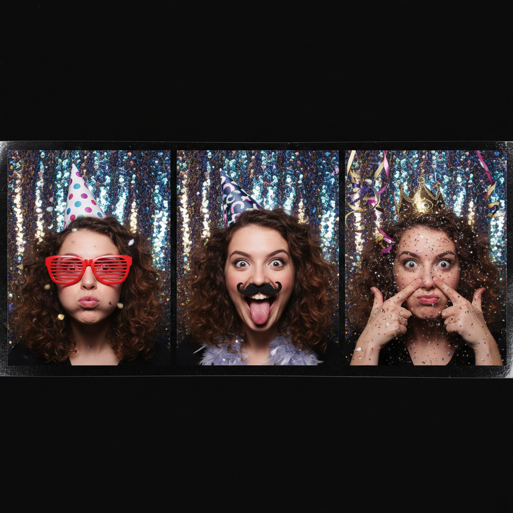A photo-booth strip collage with funny expressions, party props, and confetti—perfect for sharing (no text).