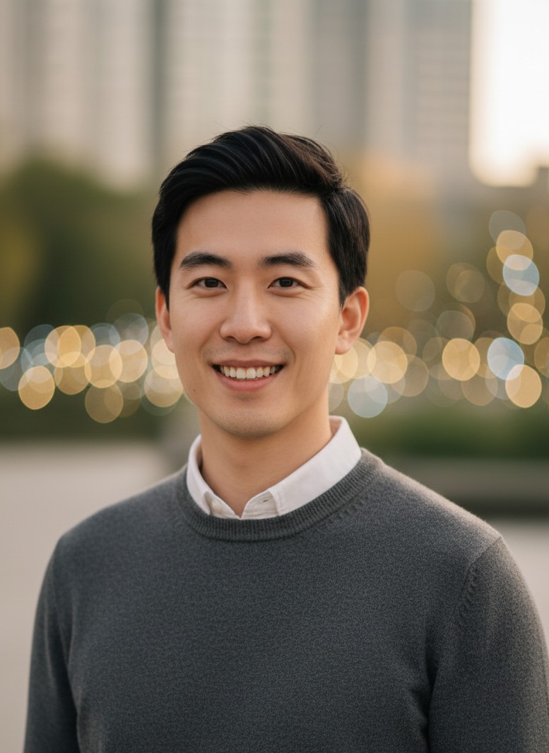 A clean press-photo style headshot with subtle festive bokeh for the New Year refresh.