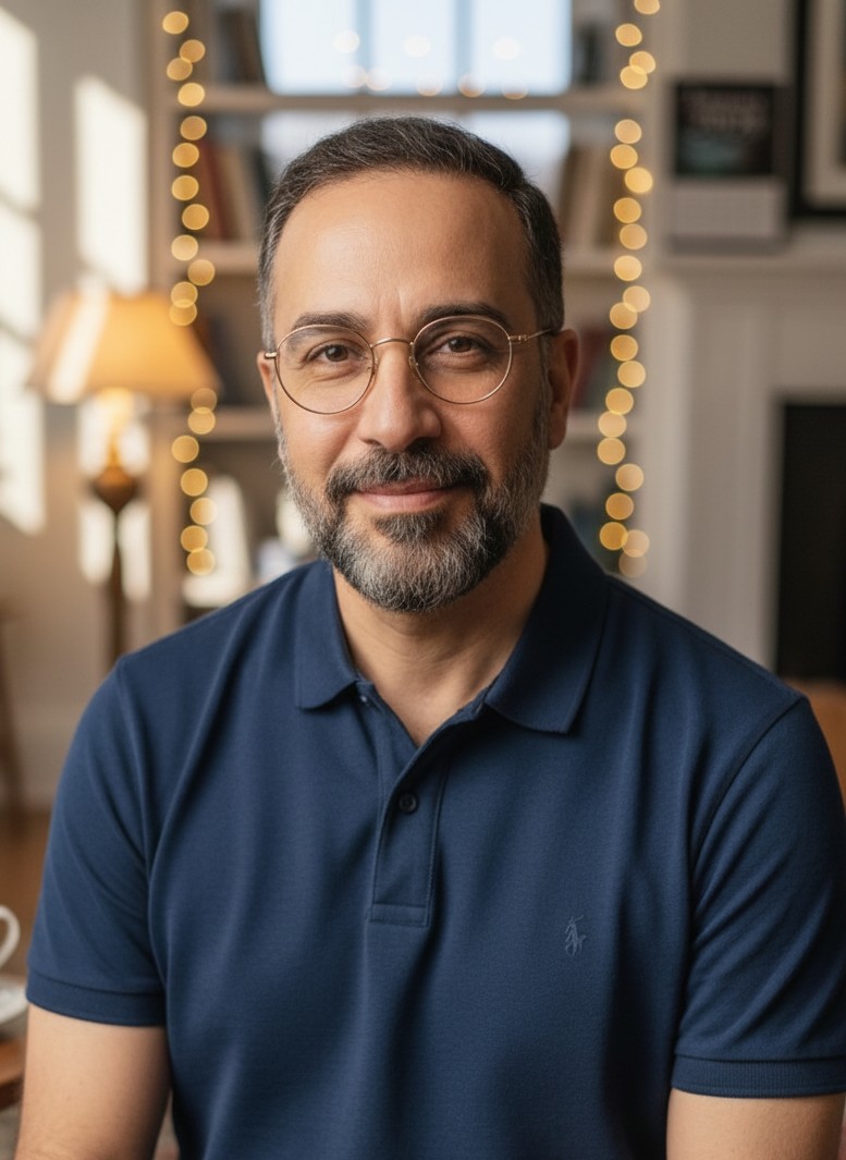 A natural home office headshot with warm lights and a subtle New Year glow.