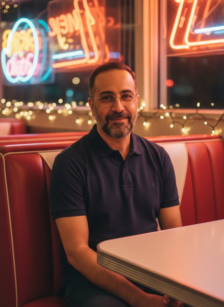 Um retrato de cabine de diner retro com brilho de neon e uma vibe nostalgica.