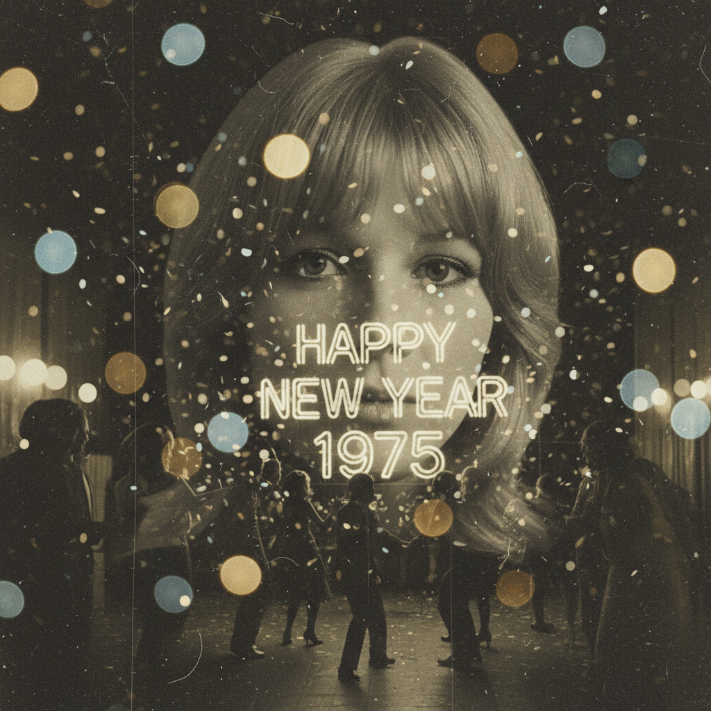 A funny retro portrait with floating-head double exposure and glitter bokeh.
