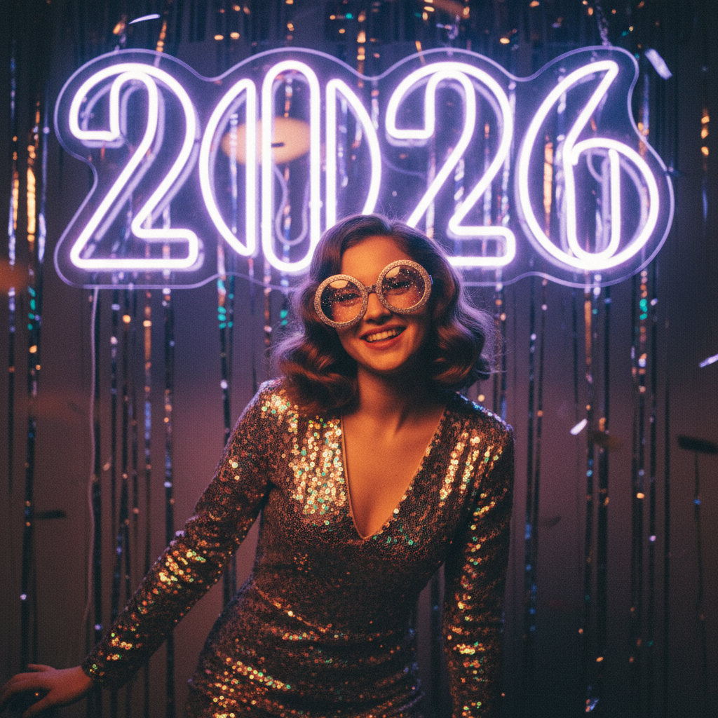 Retro studio portrait with a glowing neon “2026” sign.