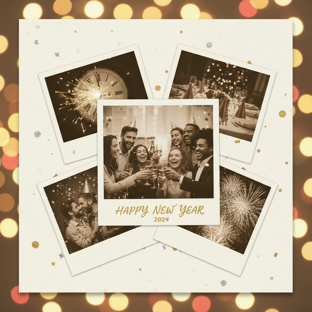 A retro New Year card designed as a polaroid photo collage with confetti.