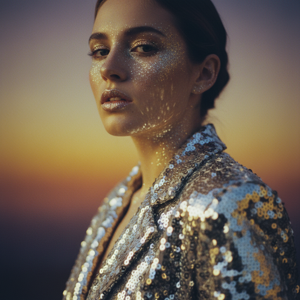 Retro close-up portrait with sequins and glitter makeup.