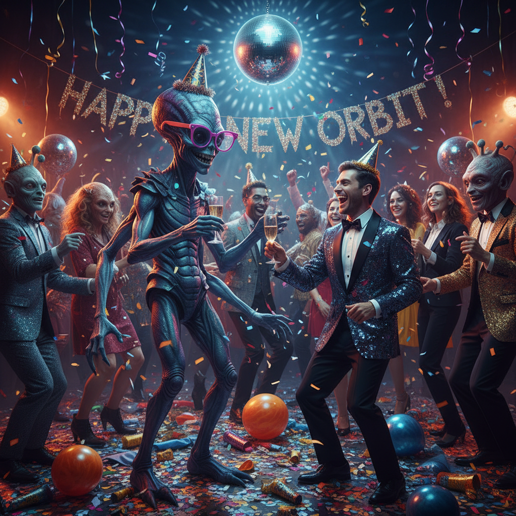 A weird, viral New Year party scene with a friendly alien.