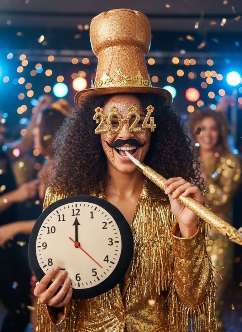 A funny costume party portrait with playful props and festive lights (no text).