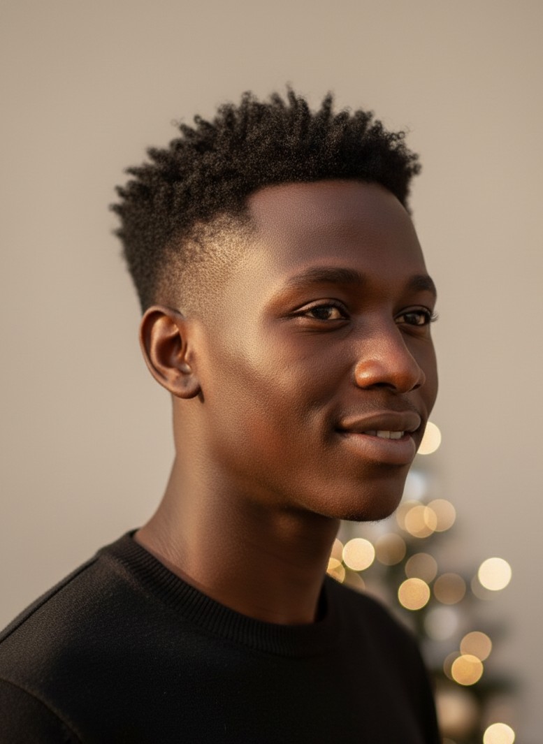 A soft-glow profile photo with clean background and subtle festive bokeh.