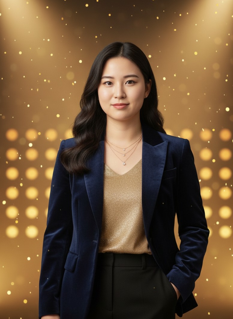 A confident speaker portrait with stage lights and subtle New Year sparkle bokeh.