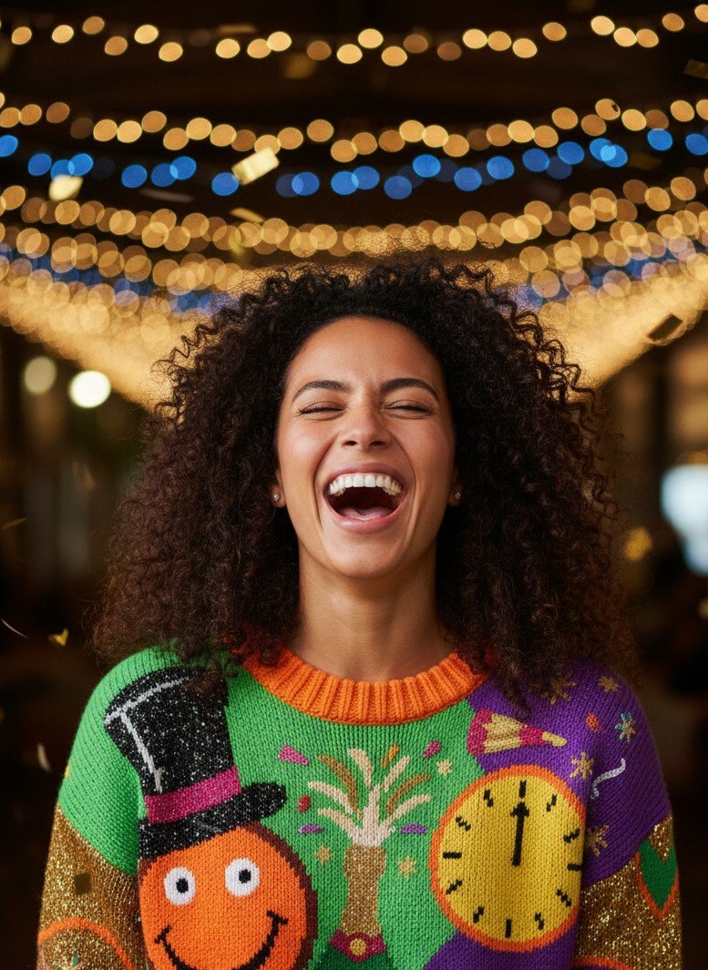 A funny ugly sweater portrait with big laughs, warm lights, and confetti bokeh (no text).