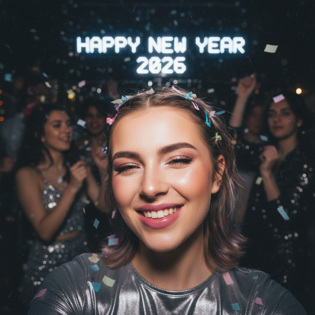 A Y2K-inspired flash selfie with glossy glam, confetti, and a playful 2026 party vibe.