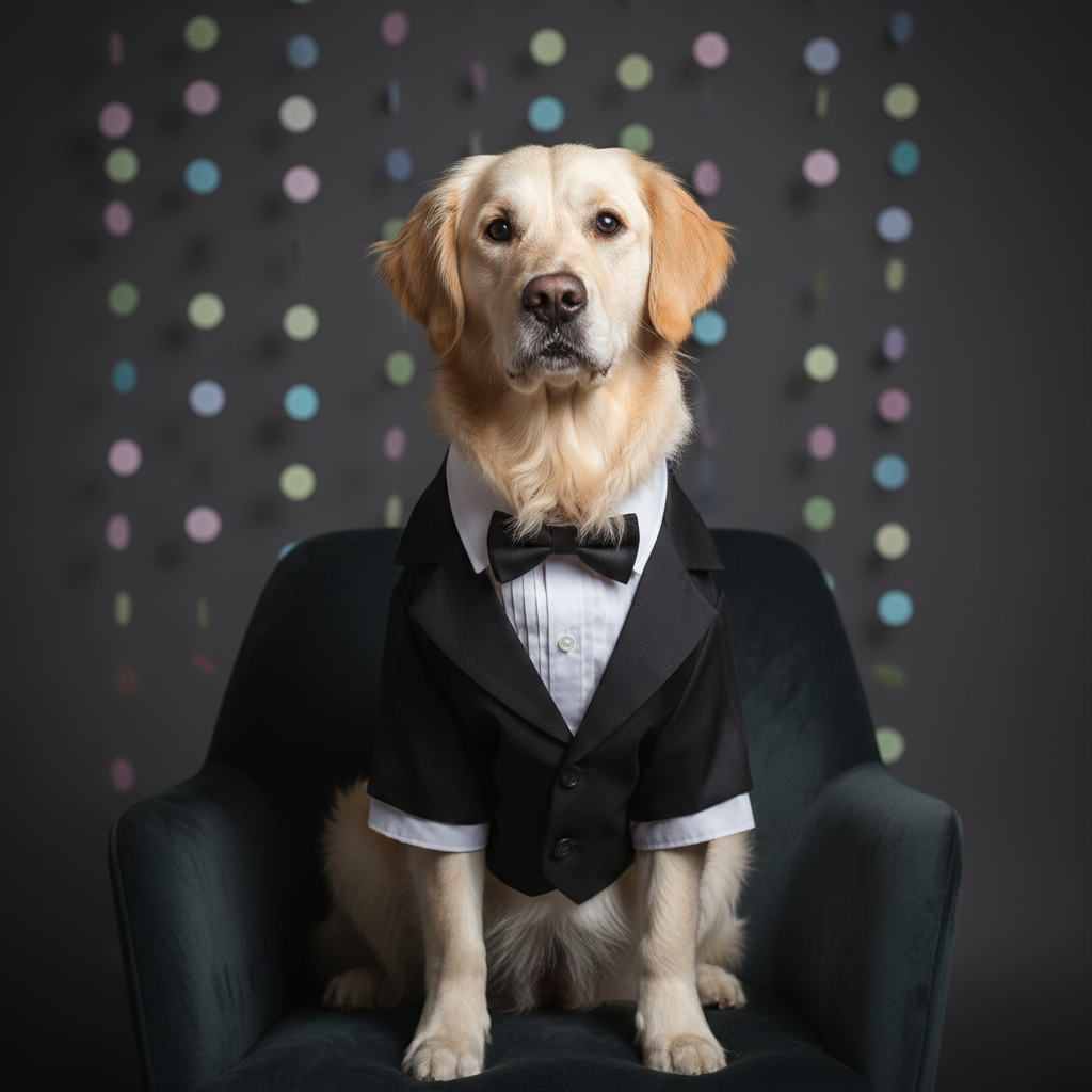 A classy pet portrait in a tuxedo—studio lighting with subtle confetti bokeh for New Year.